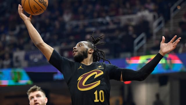 Mar 3, 2024; Cleveland, Ohio, USA; Cleveland Cavaliers guard Darius Garland (10) rebounds in the second quarter against the New York Knicks at Rocket Mortgage FieldHouse. Mandatory Credit: David Richard-USA TODAY Sports
